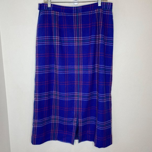 Pendleton 1970s 100% Wool Tartan Plaid Midi Skirt XL Blue Dark Academia - Picture 7 of 9